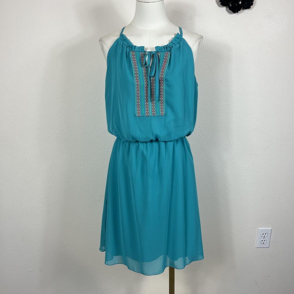 EnFocus Studio Dress Women 8 Blue Embroidery Boho Sundress Coastal Southwestern